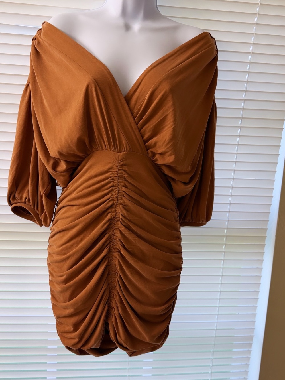 Forever 21 Rust-Brown Ruched V-Neck Mini Dress - Picture 2 of 4